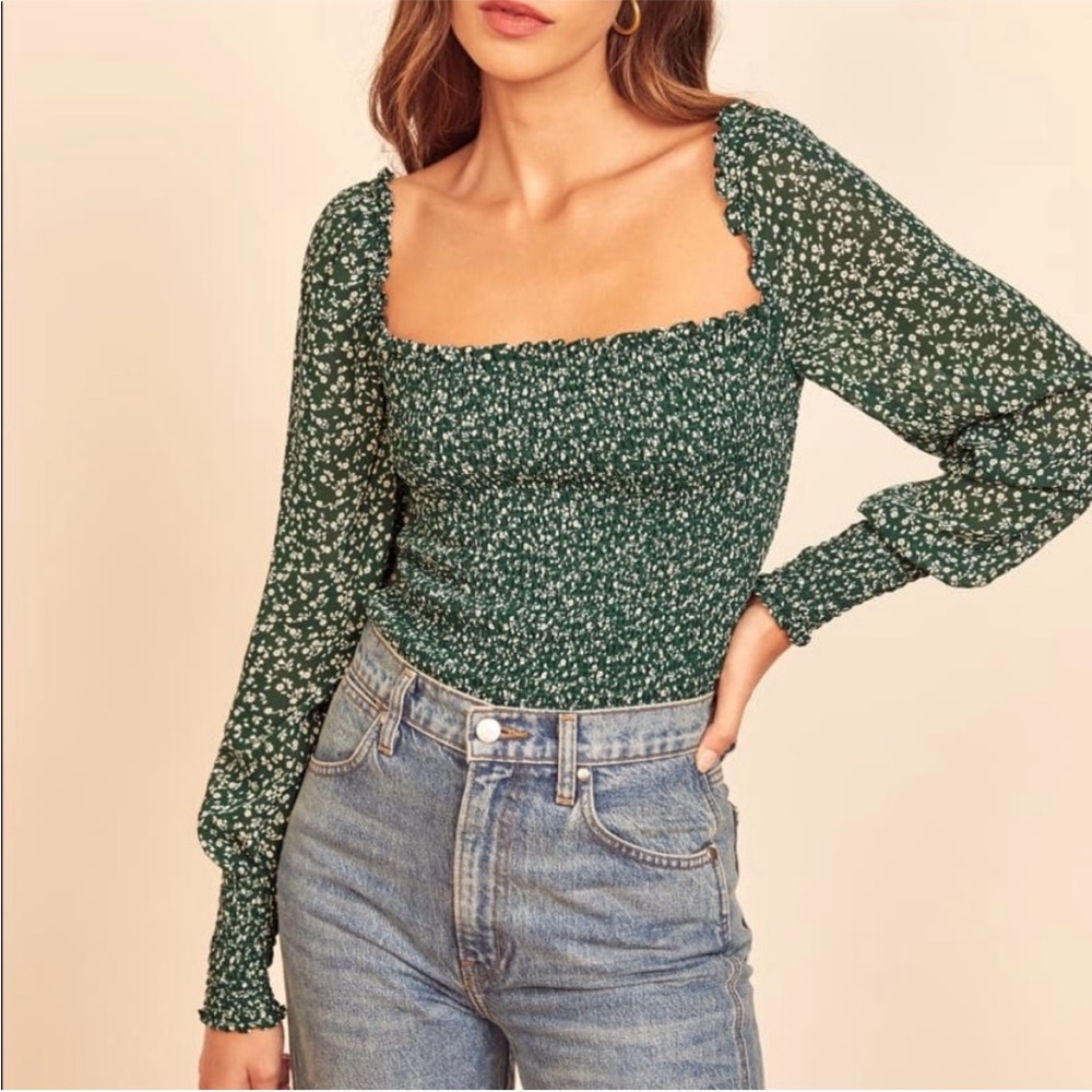 Reformation LARGE Pinto crepe long sleeve smocked top in Parsley green floral
